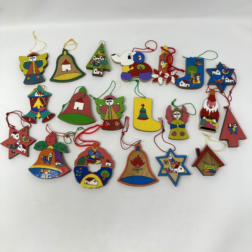 Vintage Hand Painted Wooden Christmas Ornaments 3" Double Sided Lot of 20 Art‎